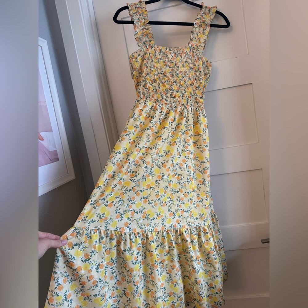 Lucy Paris Small Yellow Smocked Midi Floral Yellow Women's Springtime Dress